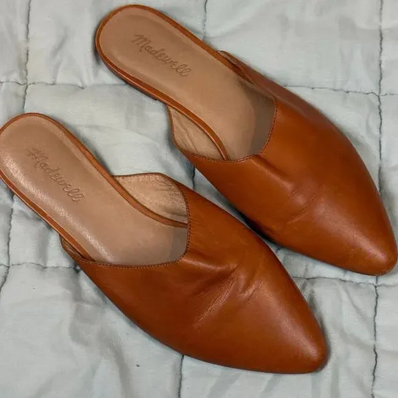 Madewell Camel Leather Remi Flats Mules Slides 9.5 l Brown Tan English Saddle - Picture 2 of 11